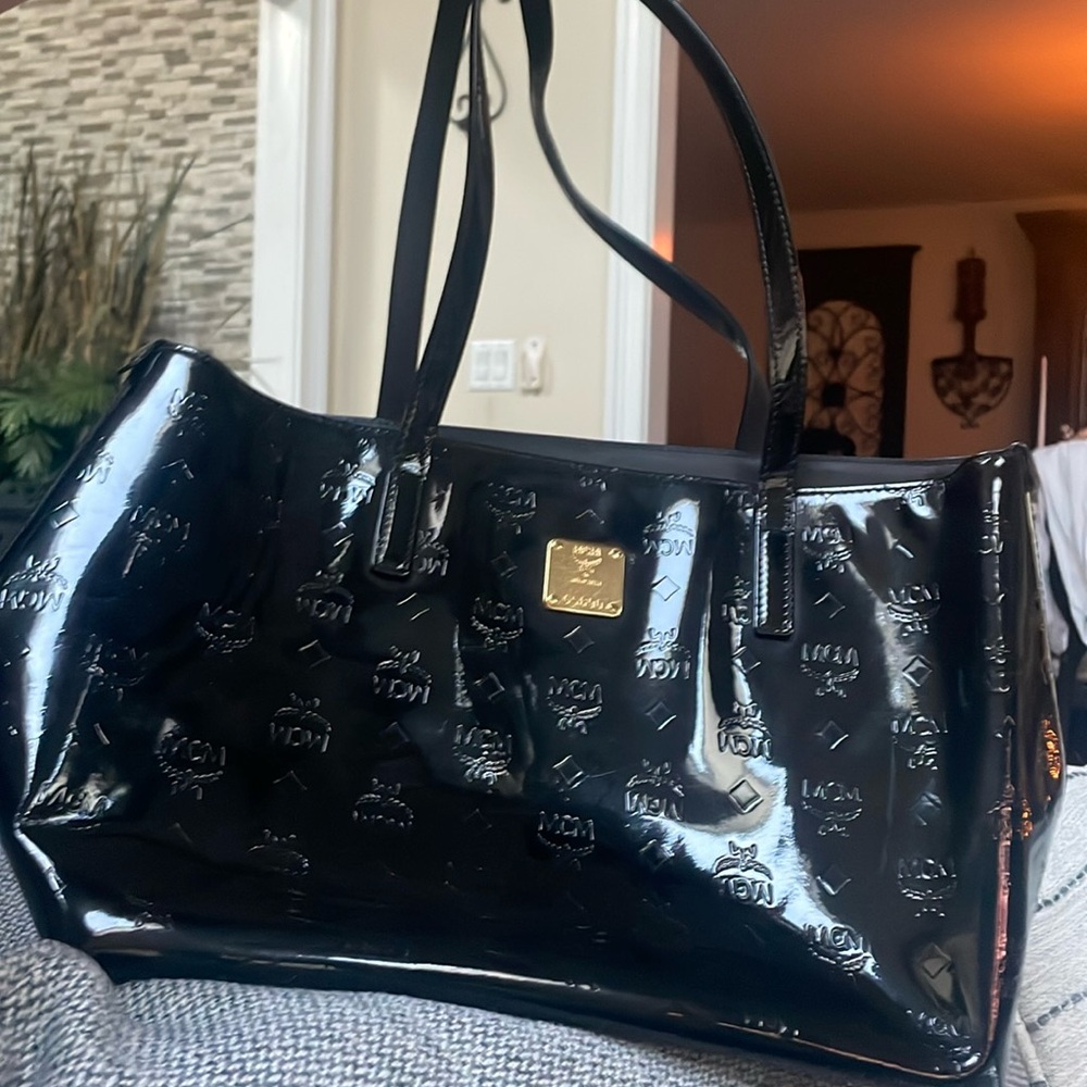 MCM Luxury Ivana Patent Leather Monogram Black Tote Bag Handbag